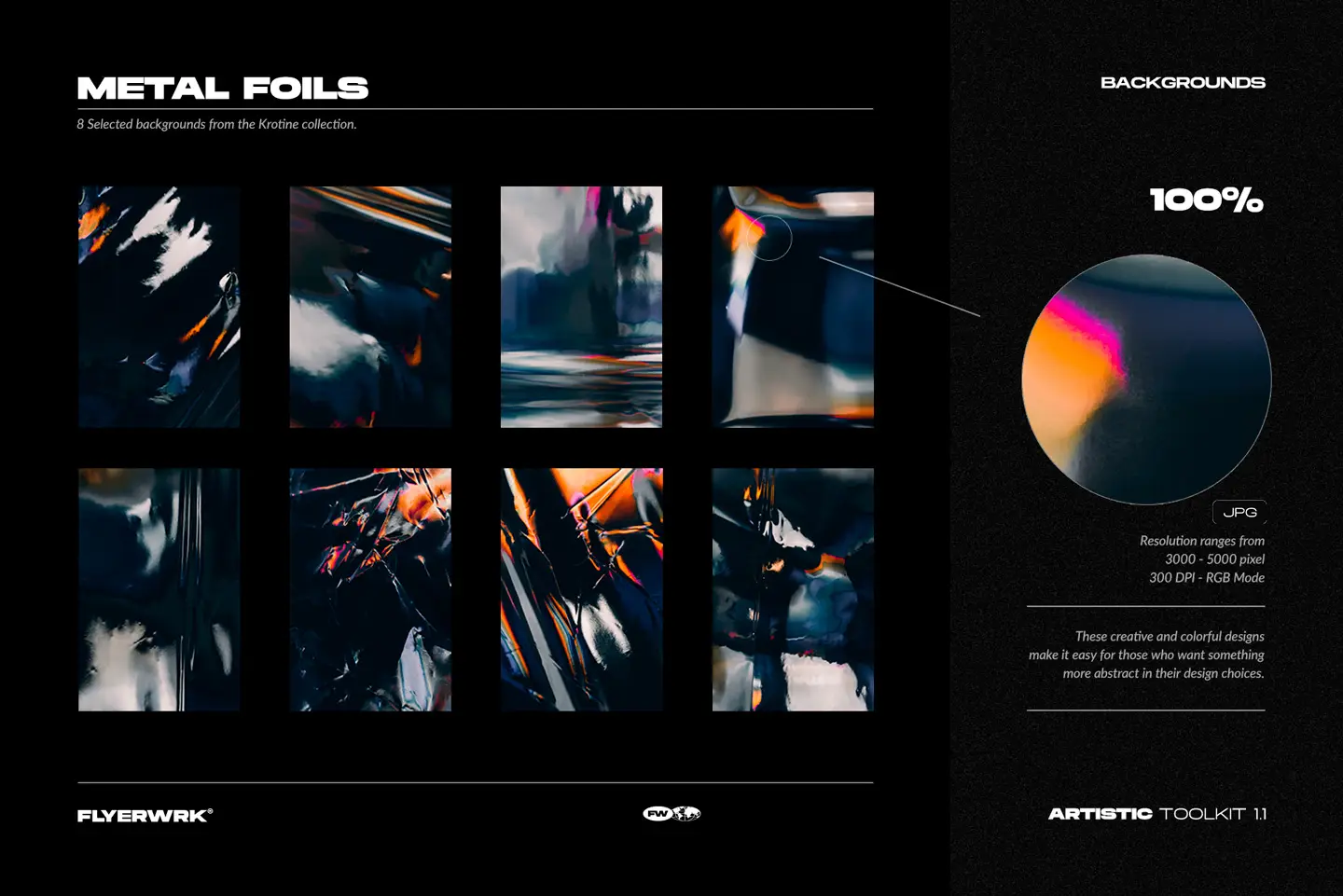 Artistic Toolkit 1 metal foil backgrounds with creative liquid reflections and colorful abstract chrome textures