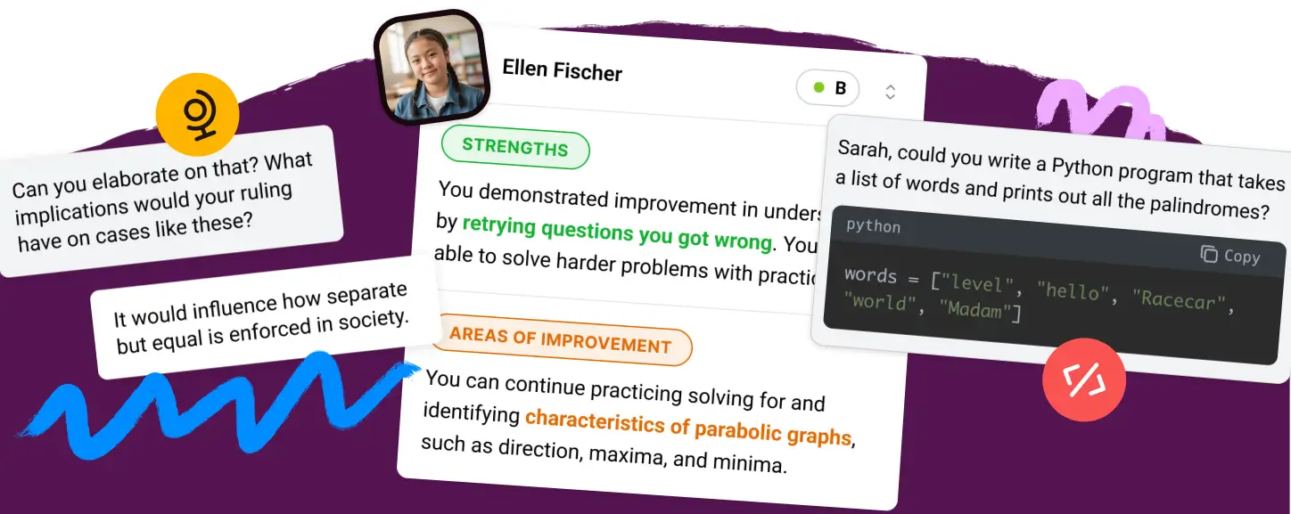 Collage showing various features of Flint, the leading Ai platform for personalized learning. You can see an AI chat for teachers, AI student analytics, and a code editor