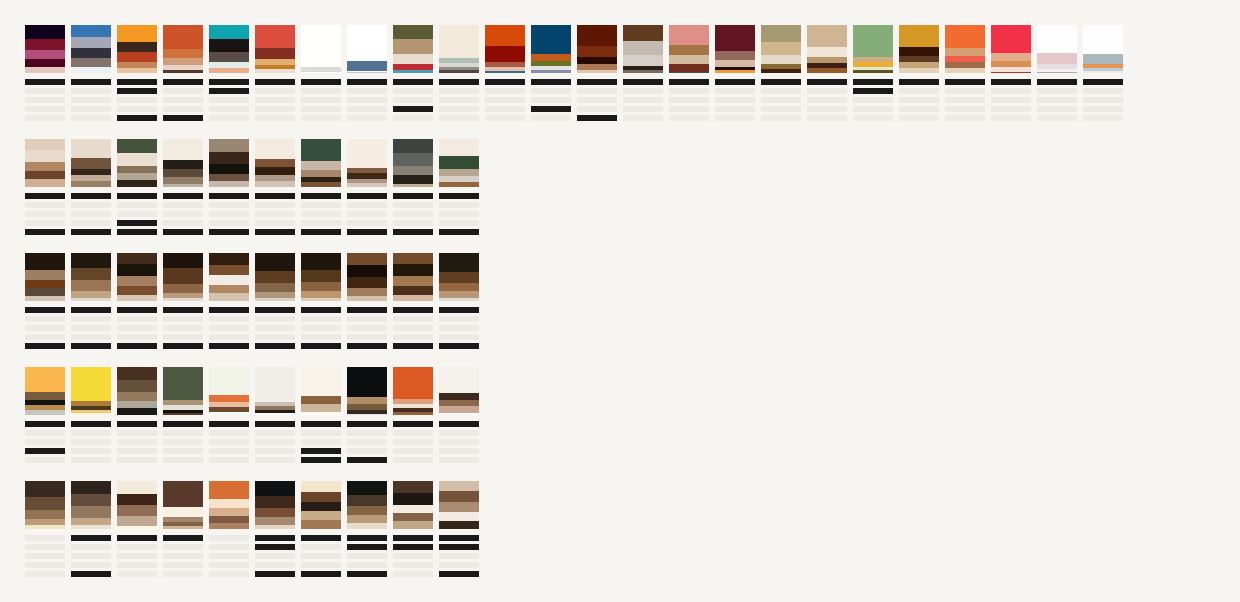Five rows of color strips. The real row of twenty-four runs from cream and brown to blue, green and red; two of the four ten-strip rows beneath are brown end to end with a solid bar in the serif position.