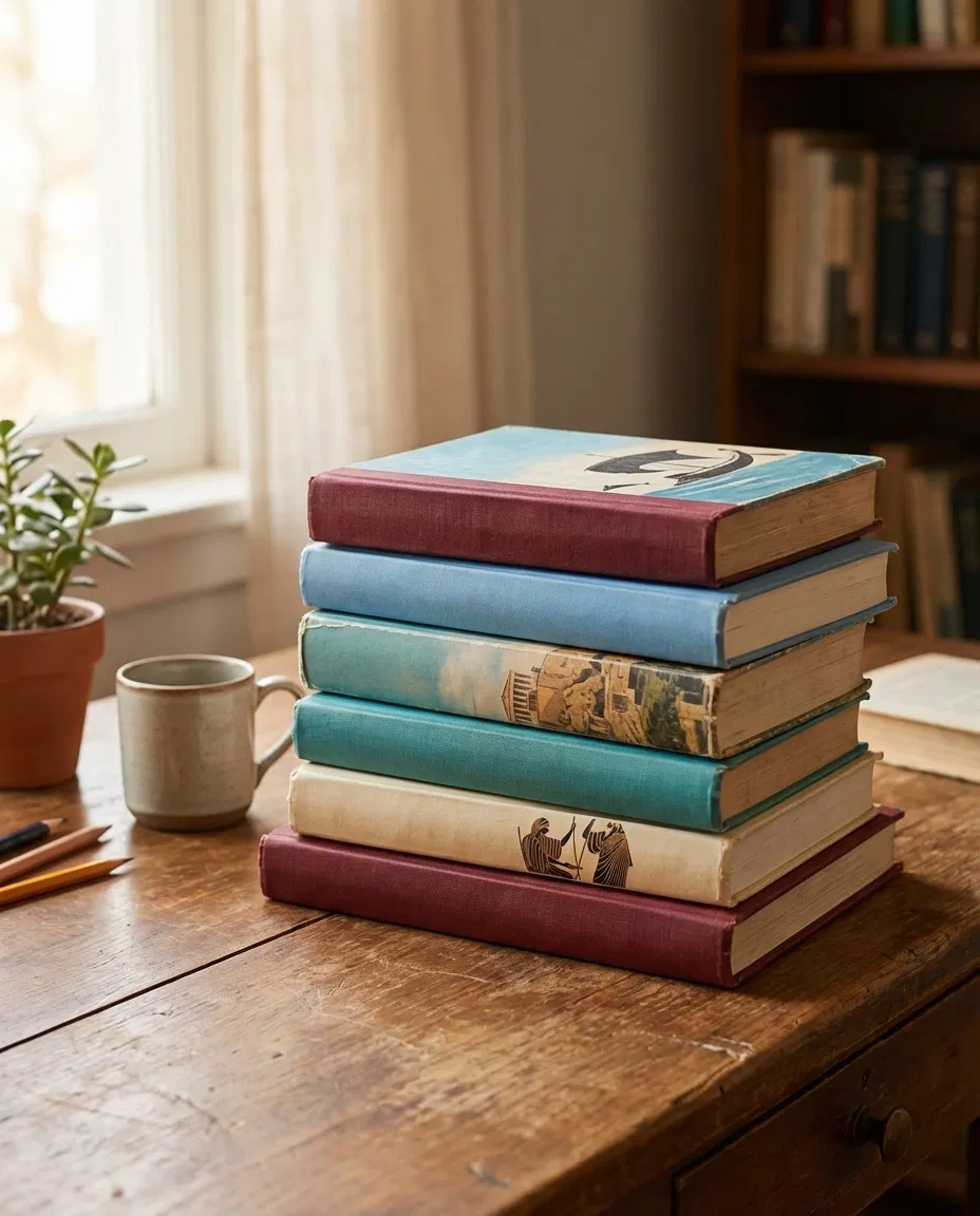 Stack of Greek school textbooks on a desk in soft natural light.