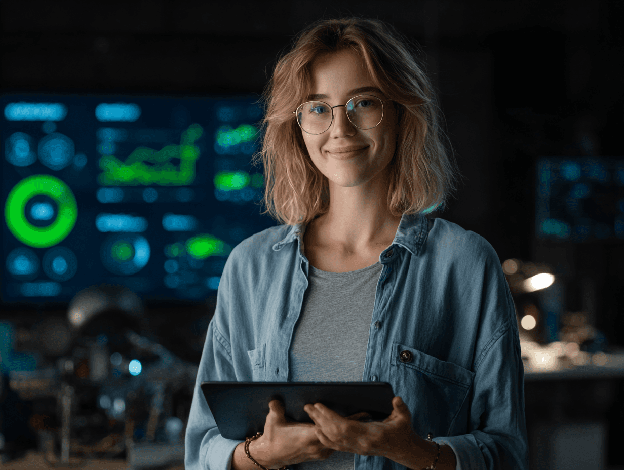 Woman holding her tablet happy with her results