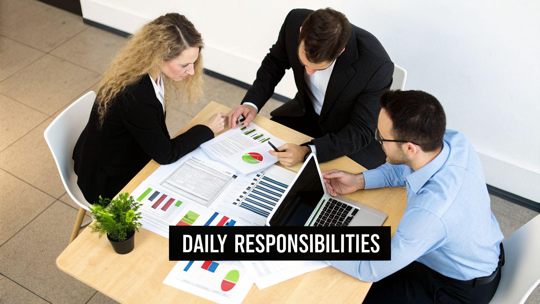 Three business professionals review financial documents and charts on a table during a meeting.