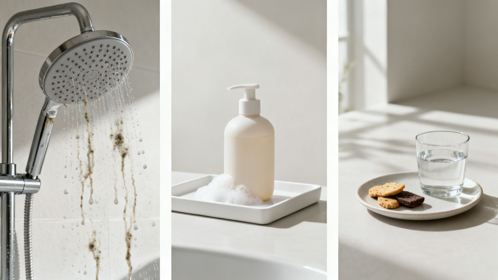A triptych of dirty shower water, a clean soap dispenser, and a glass of clear water with cookies.