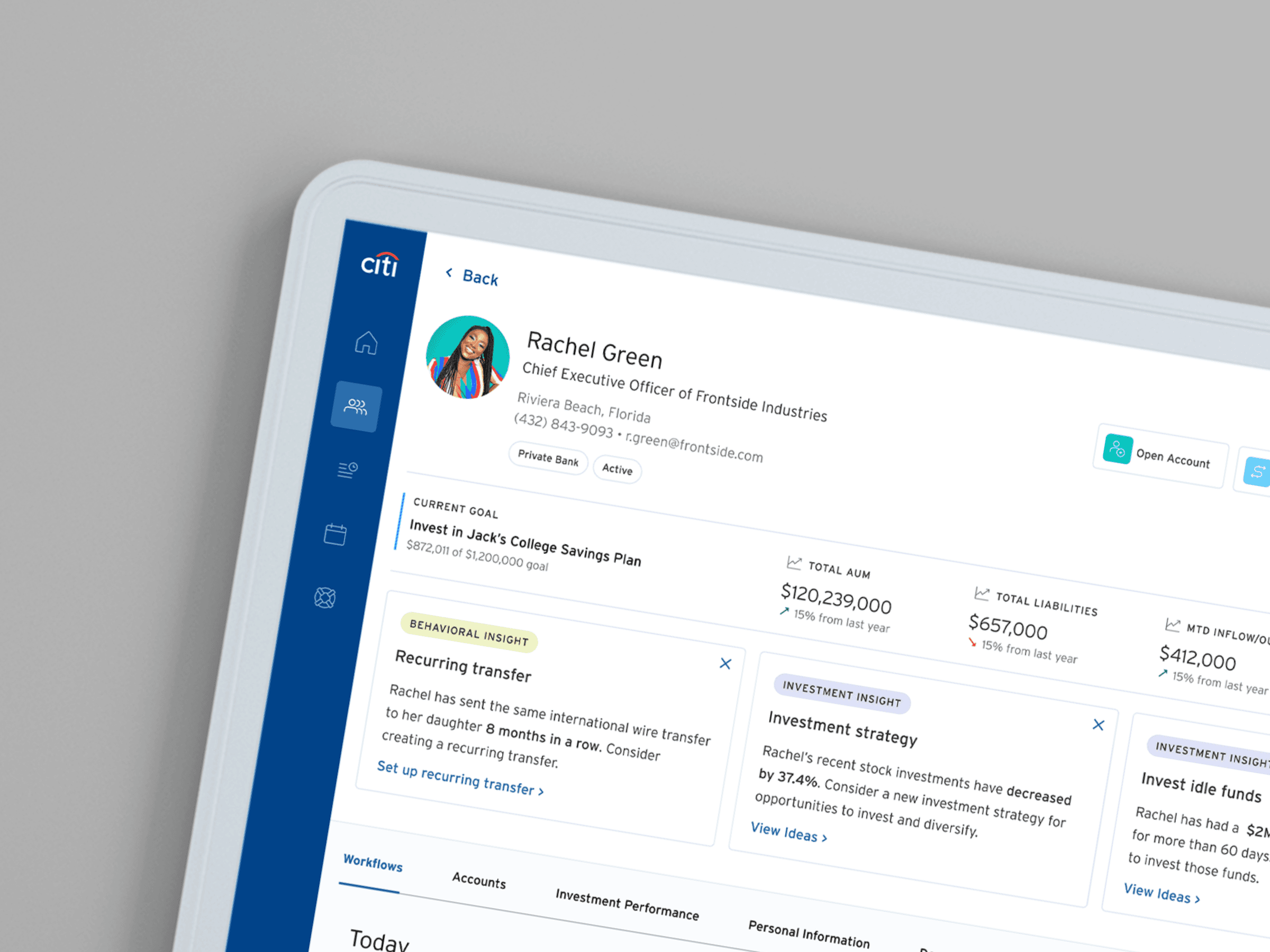 A close up of a private banking portal showing a client profile.