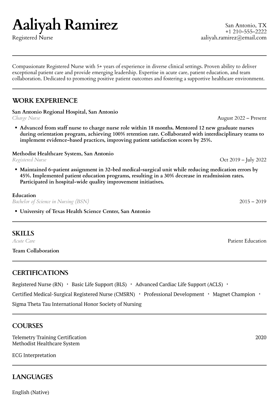 Mid-level registered nurse resume example with balanced experience