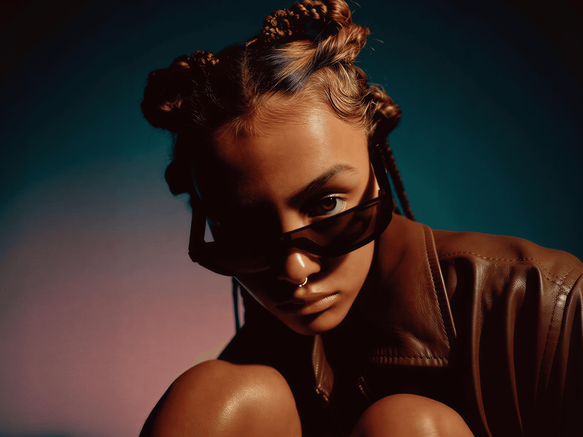 Close-up of a person with braided buns, sunglasses, and a leather jacket, set against a gradient background for a dramatic effect.
