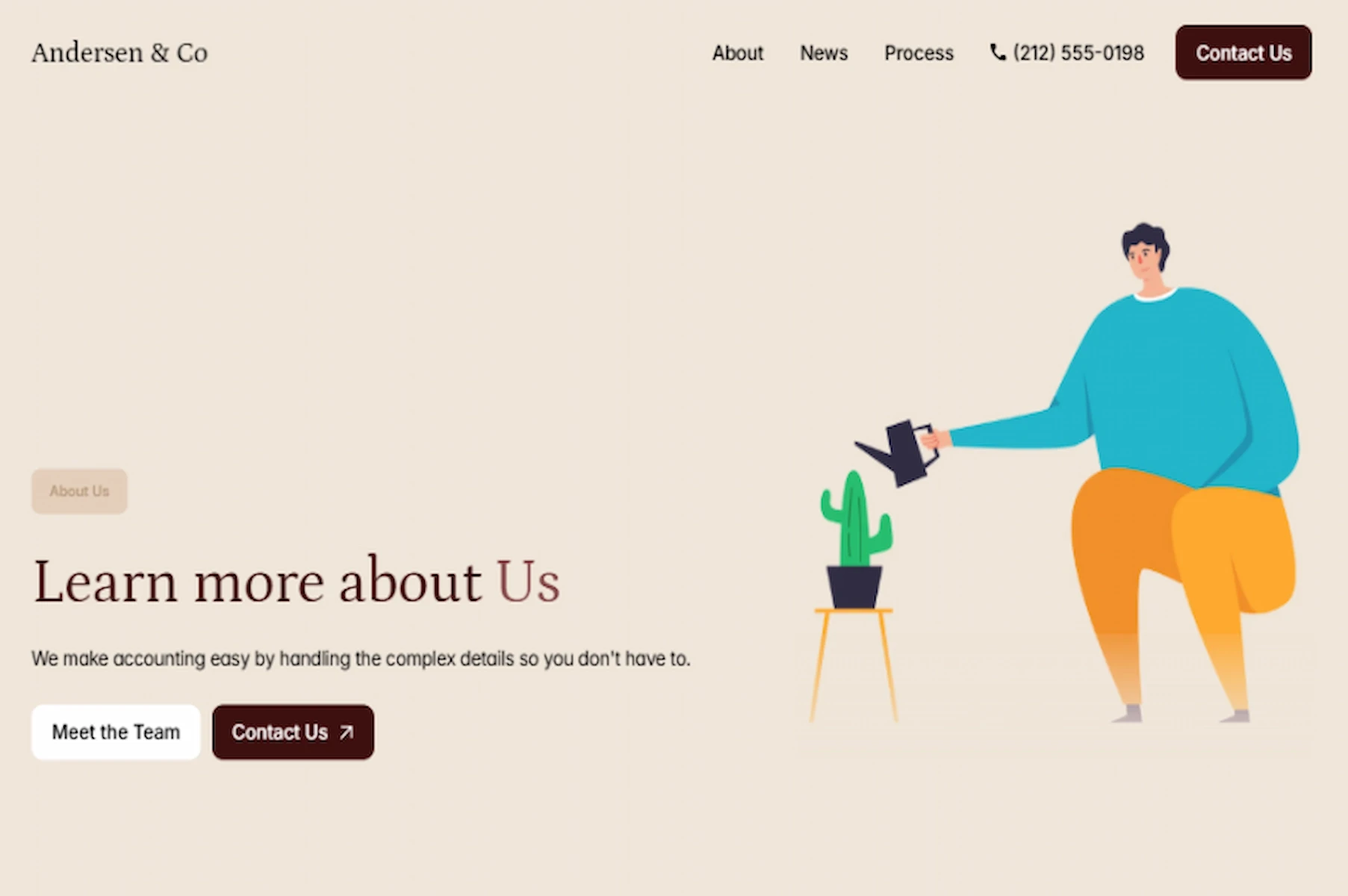 Man watering a cactus on a website for Andersen & Co accountants, promoting easy accounting services.
