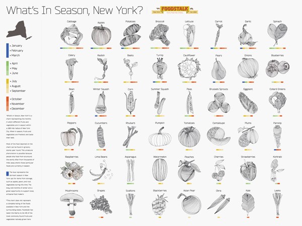 A chart titled "What's In Season, New York?" displays a grid of illustrations representing various fruits and vegetables. Each illustration is labeled with the corresponding season. Alongside the illustrations is a text column on the left side providing a brief description of each item. The chart is titled "FOODSTALK" at the top.