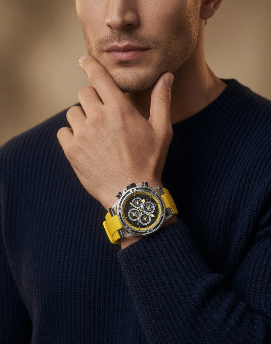 blue ALTURA on a man's wrist with warm background