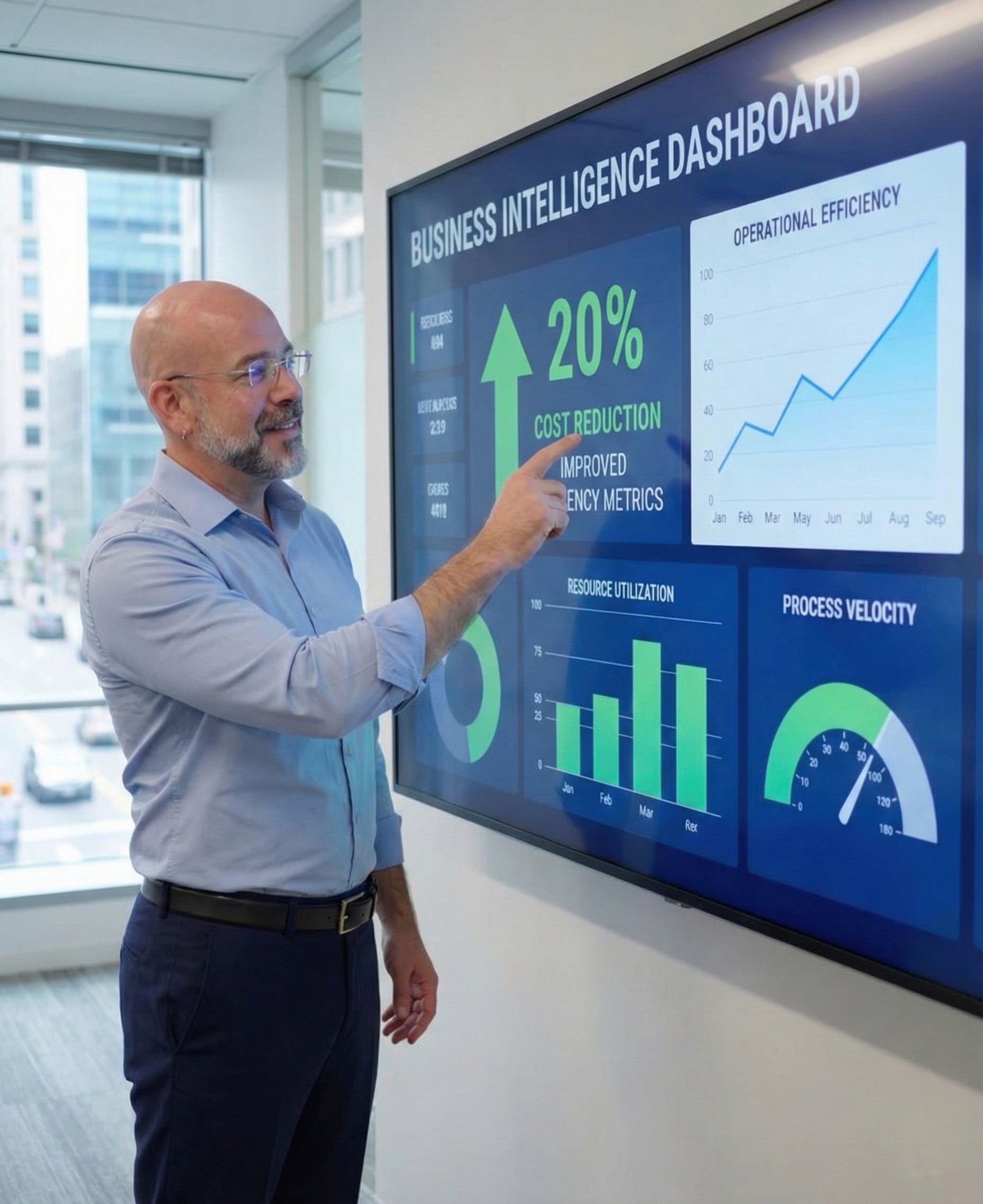 Mark Hennick analyzes a Business Intelligence dashboard showing 20% cost reduction and improved efficiency metrics.