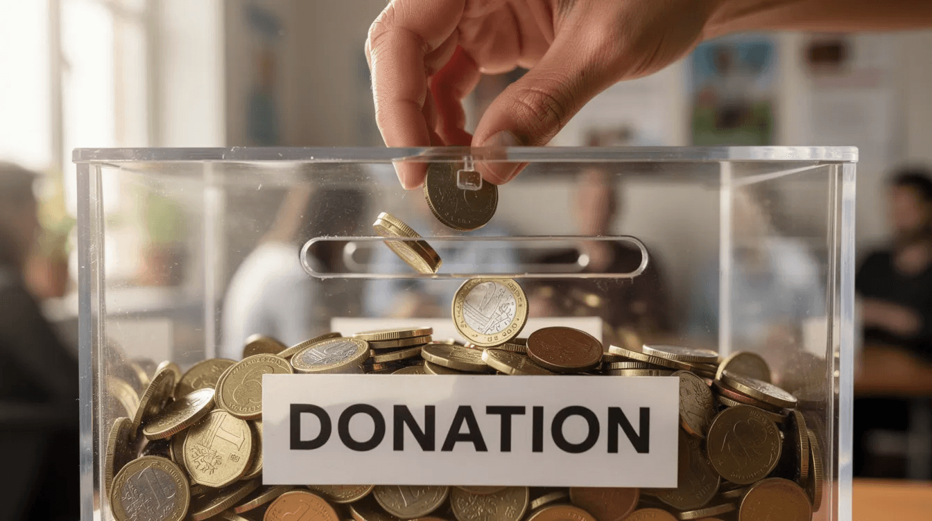 The image shows a pair of hands placing coins into a donation box, symbolizing charitable giving and the potential tax benefits associated with contributions. This act can also be part of a broader financial strategy for managing taxable income and optimizing tax deductions.