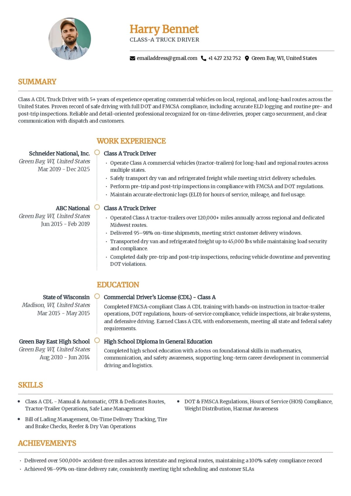 Class A Truck Driver Resume Example