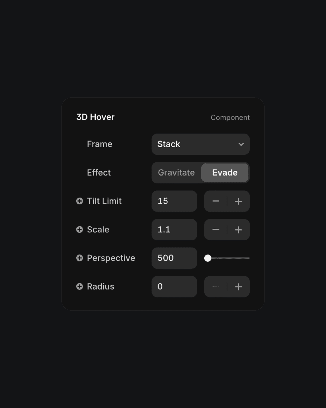 3D hover settings panel with adjustable frame, effect, tilt, scale, perspective, and radius