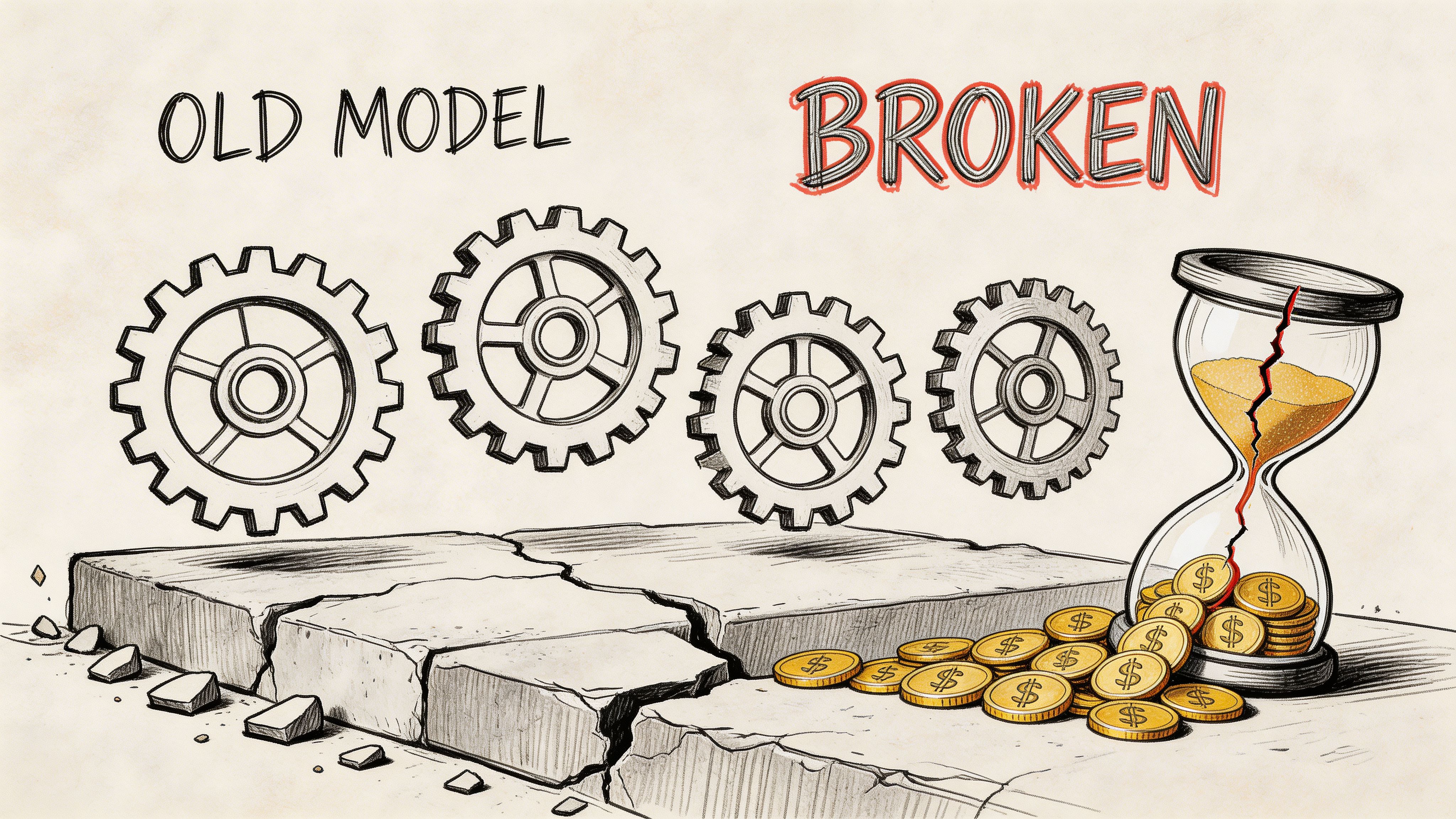 A hand-drawn illustration showing gears and a broken hourglass spilling coins on a cracked concrete floor.