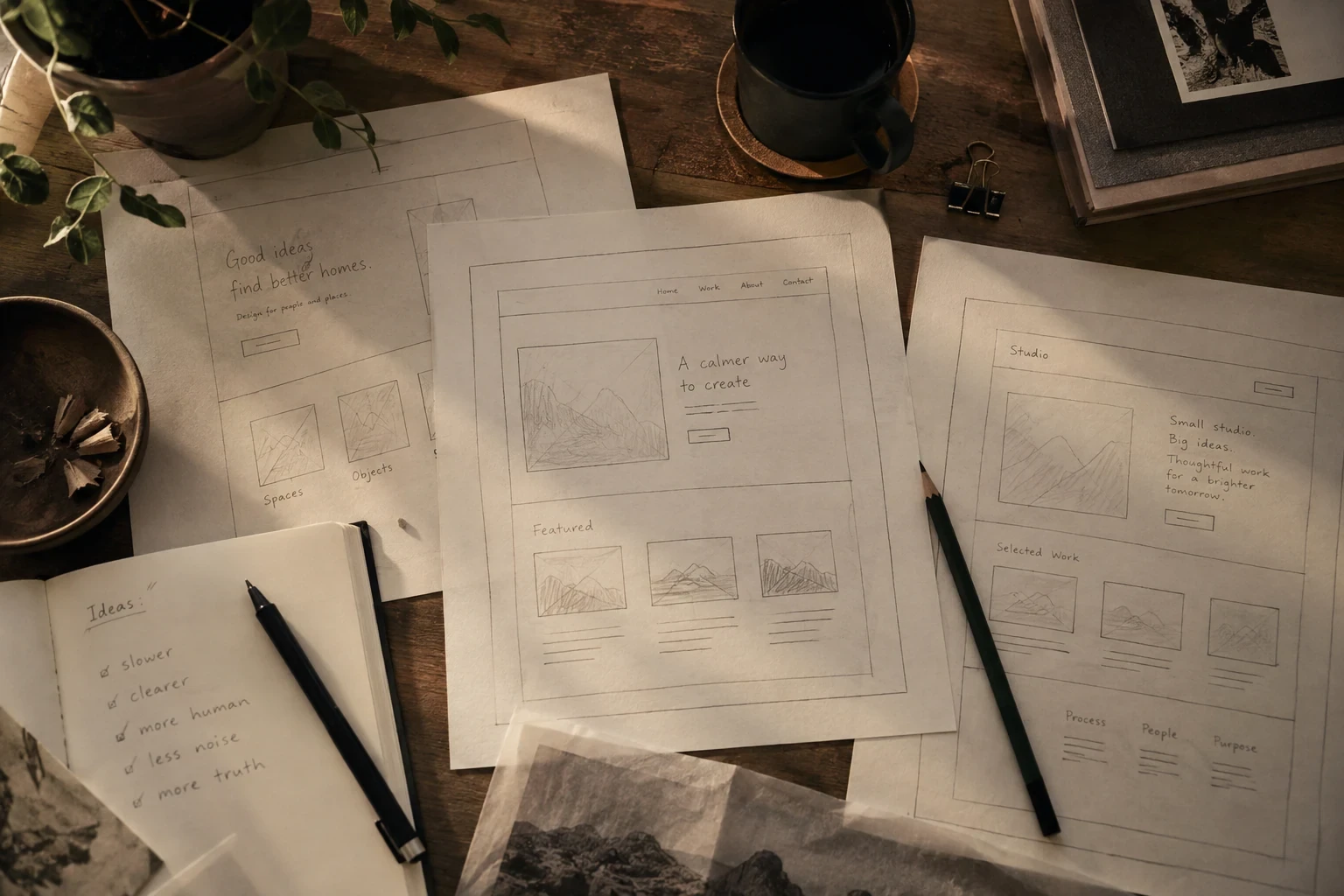 Top-down rough original pencil wireframes of simple website layouts spread across a warm studio table