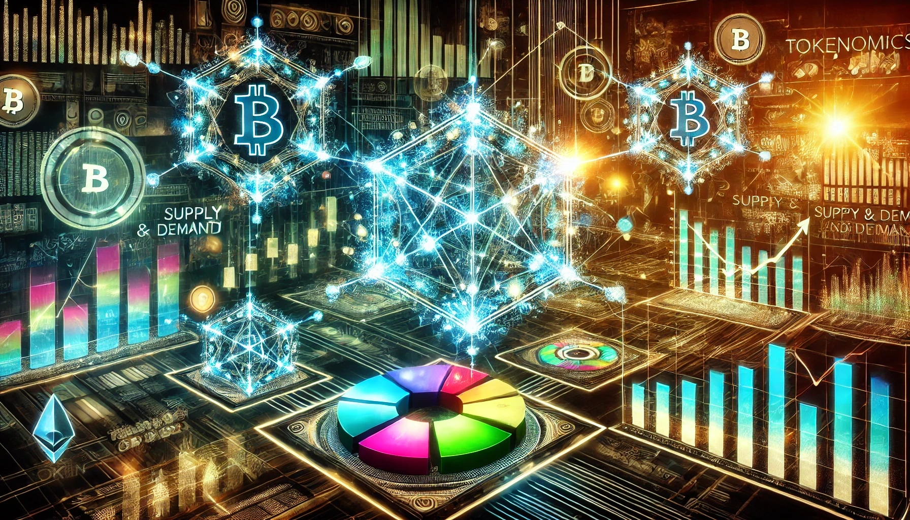 Crypto-themed image featuring charts, digital coins, and market trends, representing cryptocurrency trading and blockchain technology.