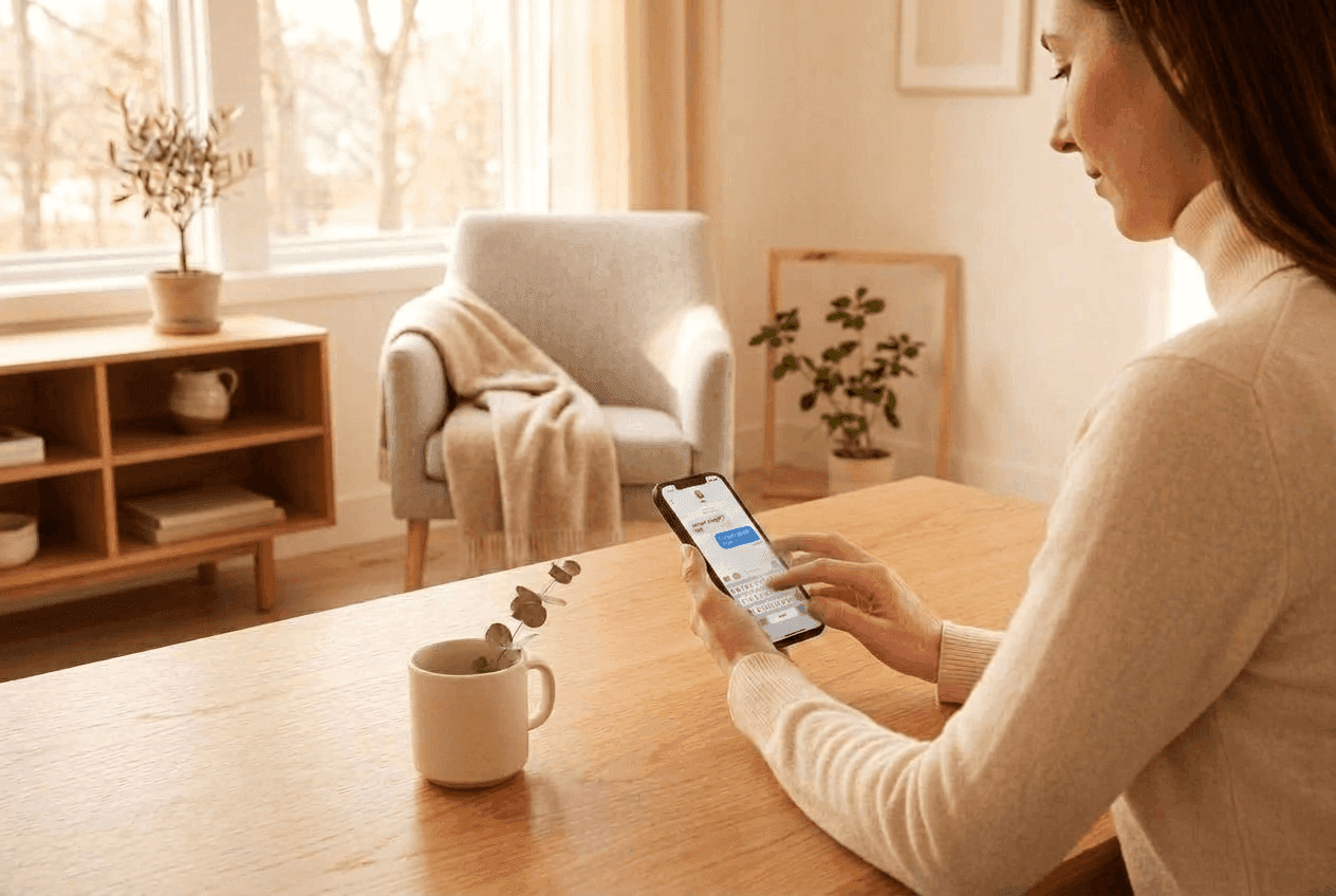 Healthcare staff member using smartphone placing a patient order with another team member
