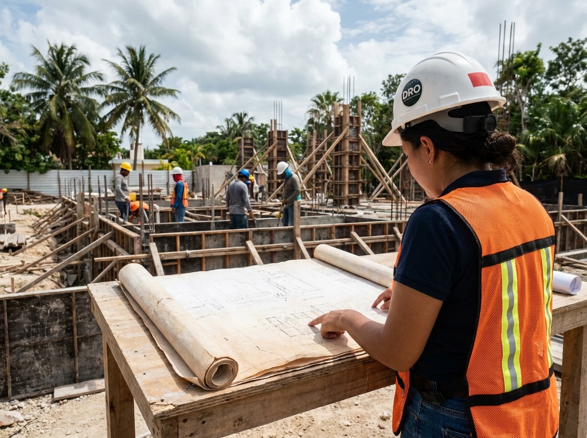Arquitecto certificado como DRO revisando planos de construcción en una obra residencial en Quintana Roo
