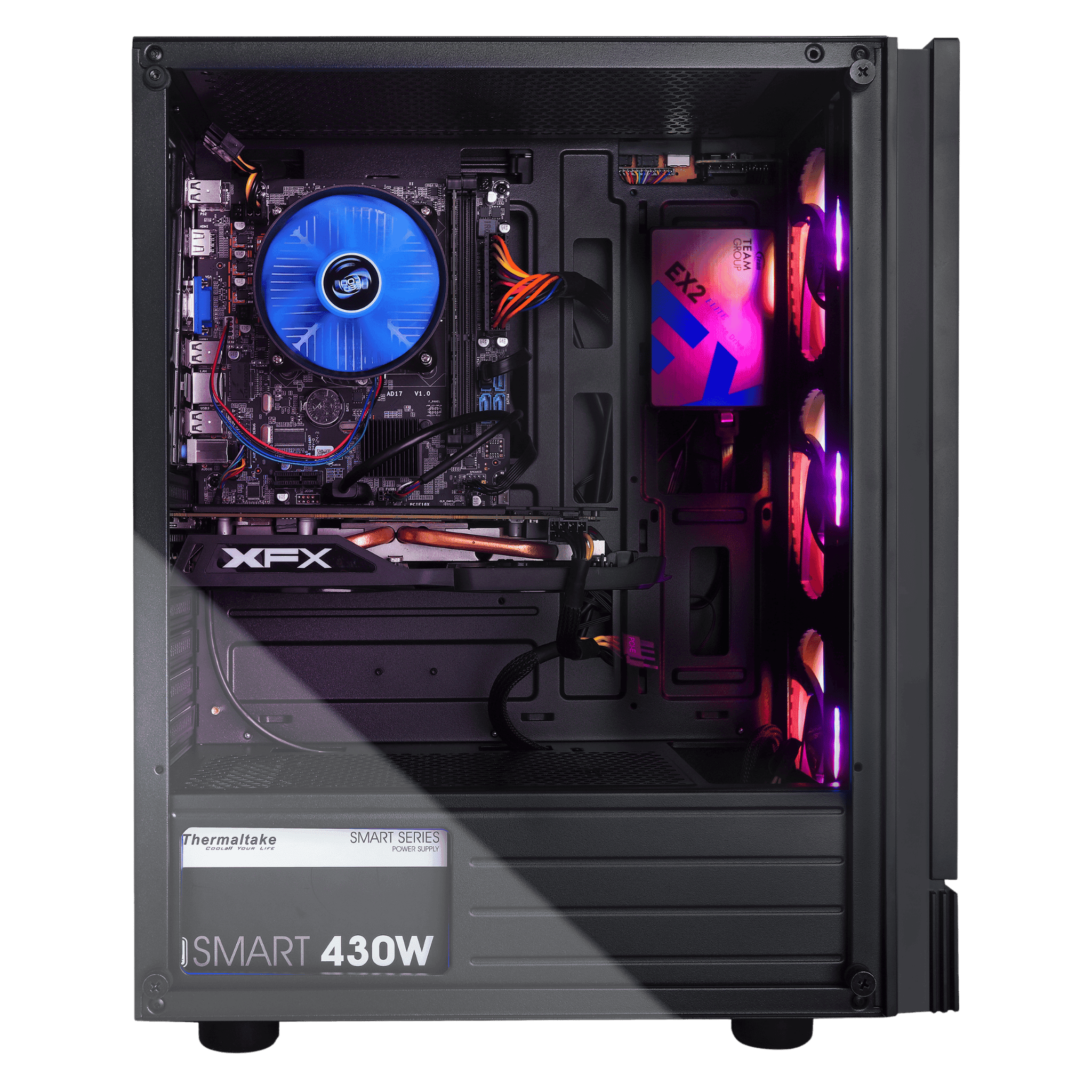 Inside view of a powerful gaming PC with a blue CPU cooler and vibrant RGB fans, showcasing a high-performance gaming configuration. This sleek setup offers optimal cooling and design for gamers looking to build the best gaming PC for 2023, perfect for smooth FPS gaming and multitasking.