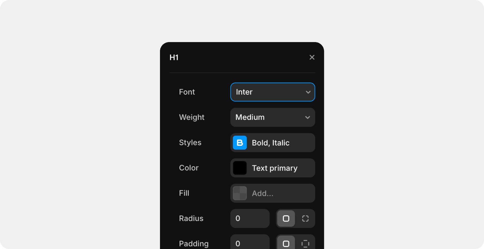 Framer typography settings for H1 using Inter font