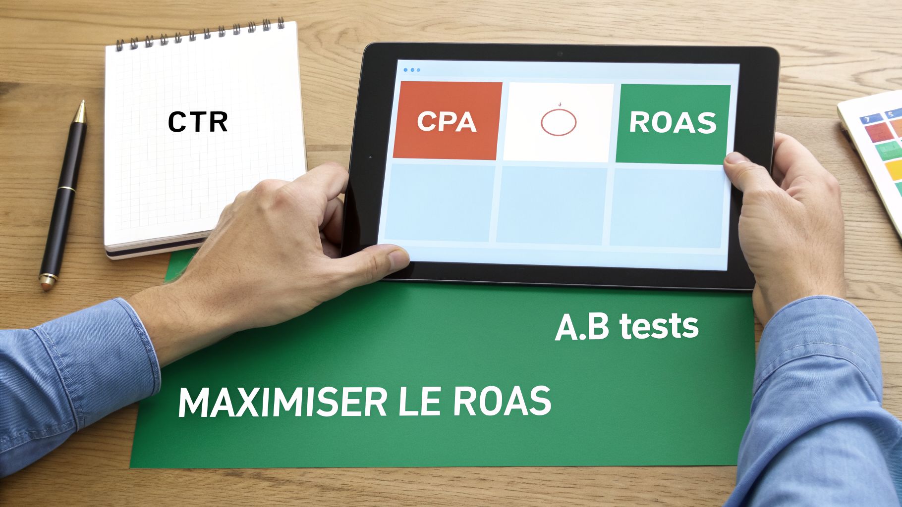 Un professionnel analyse des métriques marketing sur une tablette (CPA, ROAS), un carnet avec CTR et des tests A/B pour maximiser le ROAS.