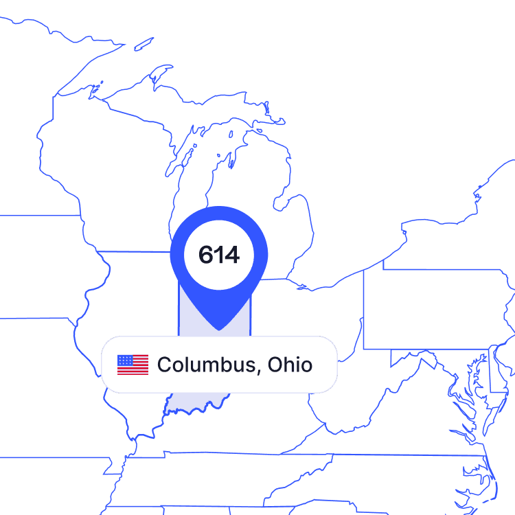 US map of 614 area code phone numbers and its coverage region