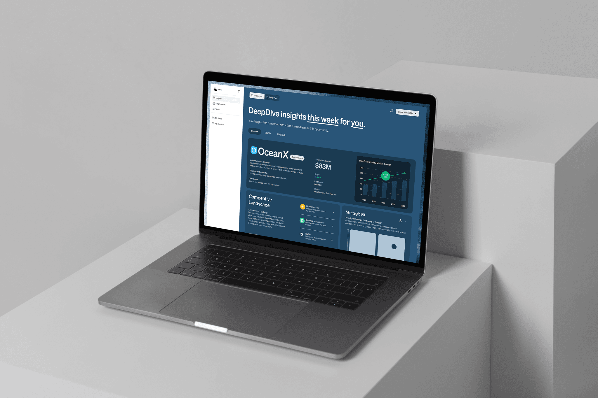 Laptop screen displaying an investment insights dashboard from a platform called Wave. The interface shows curated headlines, investment trends, and discovery insights tailored to user activity. Background features a textured blue gradient.