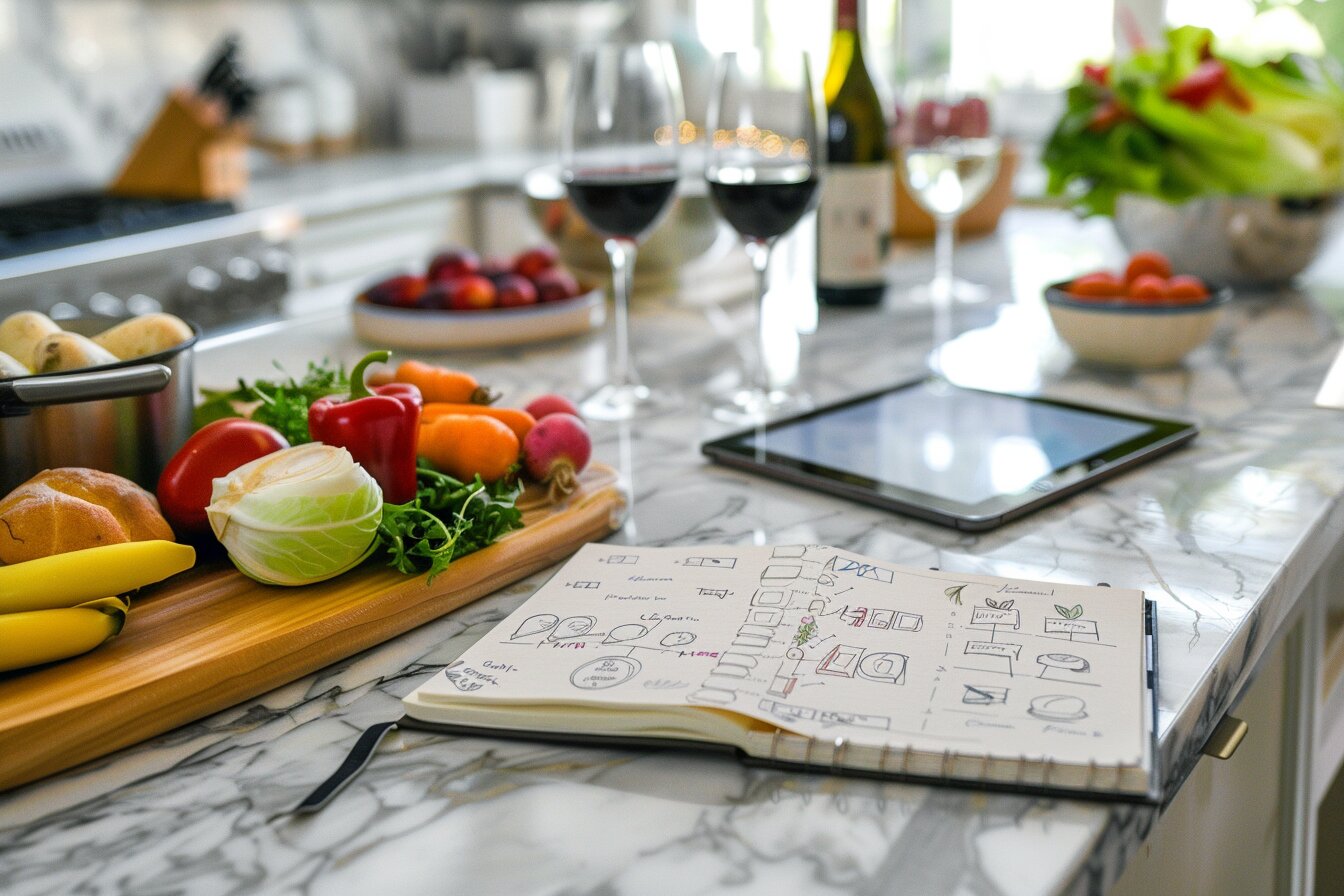 Private chef menu planning on a bright Houston kitchen island with seasonal ingredients and tasting notes.