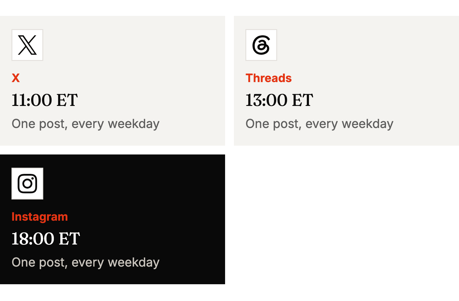 X: 11:00 ET: One post, every weekday; Threads: 13:00 ET: One post, every weekday; Instagram: 18:00 ET: One post, every weekday