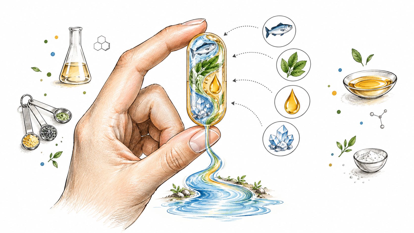 A hand holding a capsule containing natural elements flowing into a river representing supplement bioavailability and ingredients.