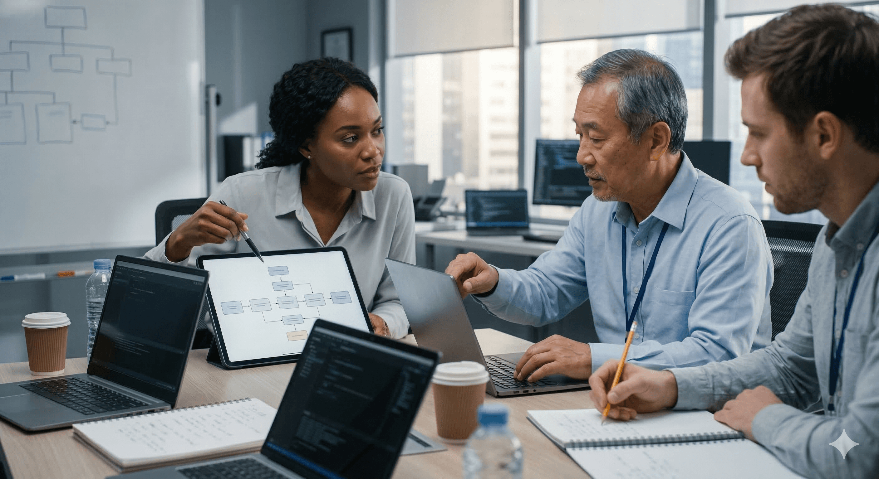 In a modern office setting, a group of professionals gather around a table with laptops and documents, involved in an intense discussion, as one person points to a flowchart on a tablet; this image represents collaboration and technology in deploying AI agents safely using tools like Glean AWARE and Protect.