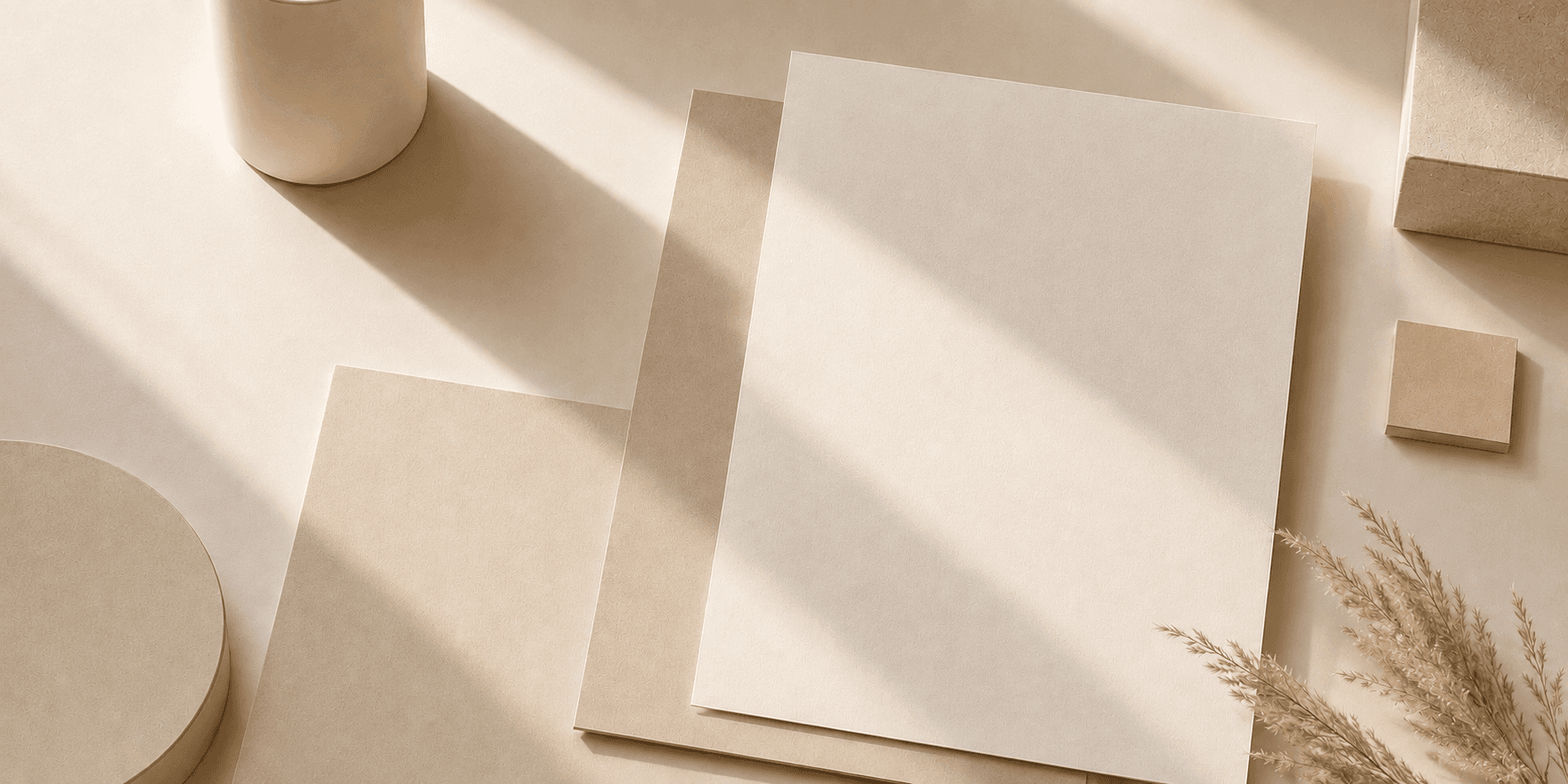 Minimalistisch arrangierter Arbeitsplatz mit Klemmbrett, Notizen und Büromaterialien