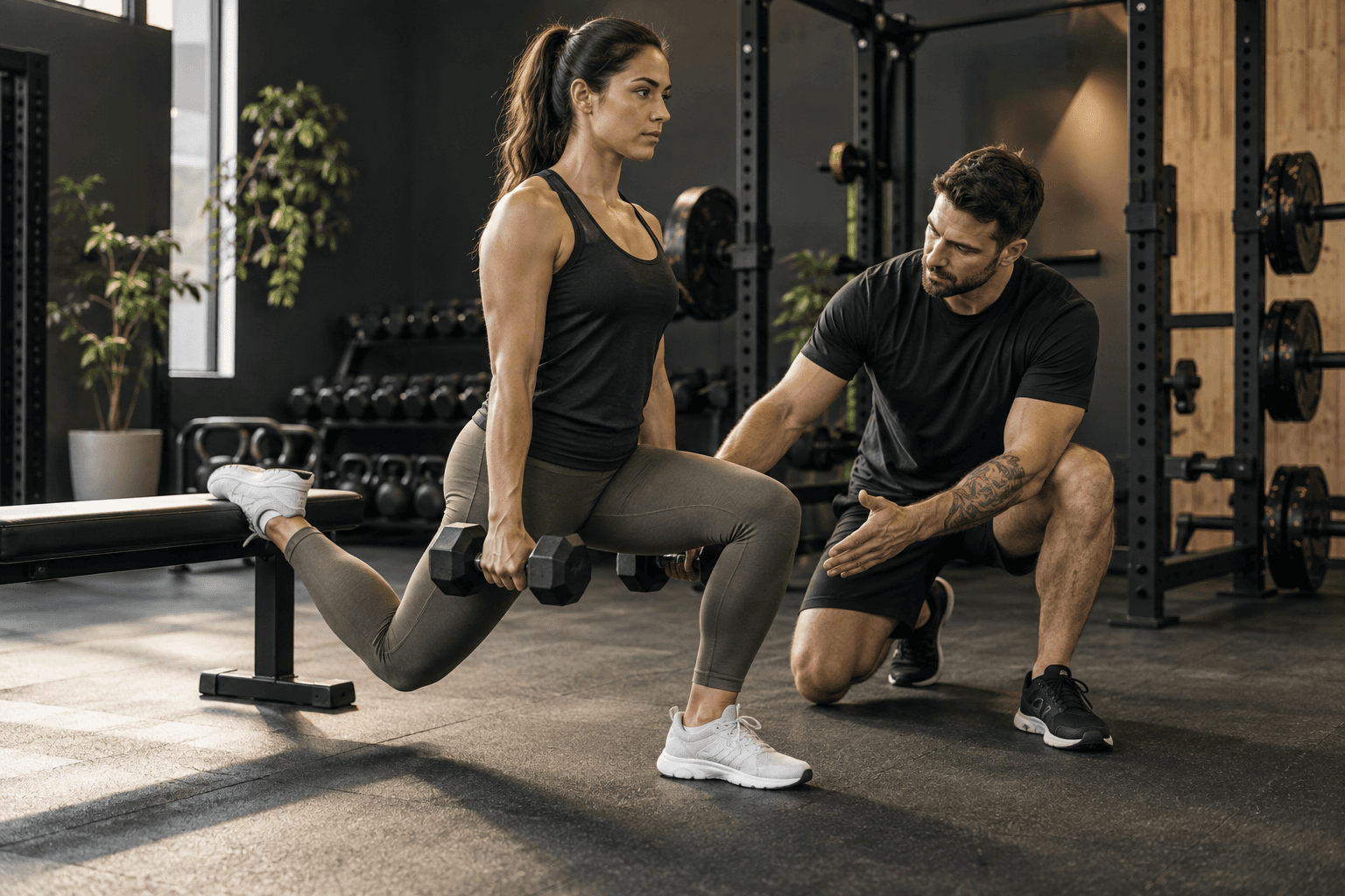 Coach spotting a controlled split squat