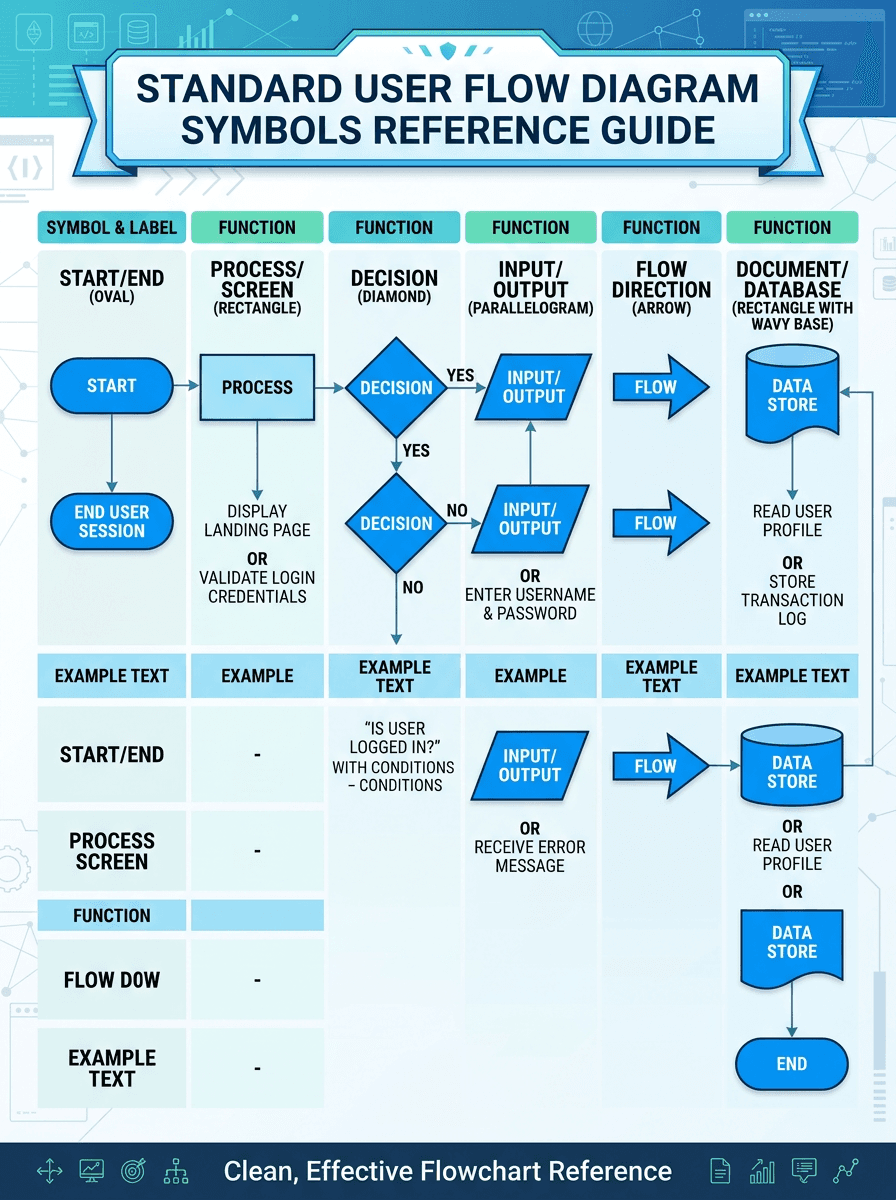 Standard user flow diagram symbols reference guide showing oval, rectangle, diamond, arrow, and parallelogram shapes