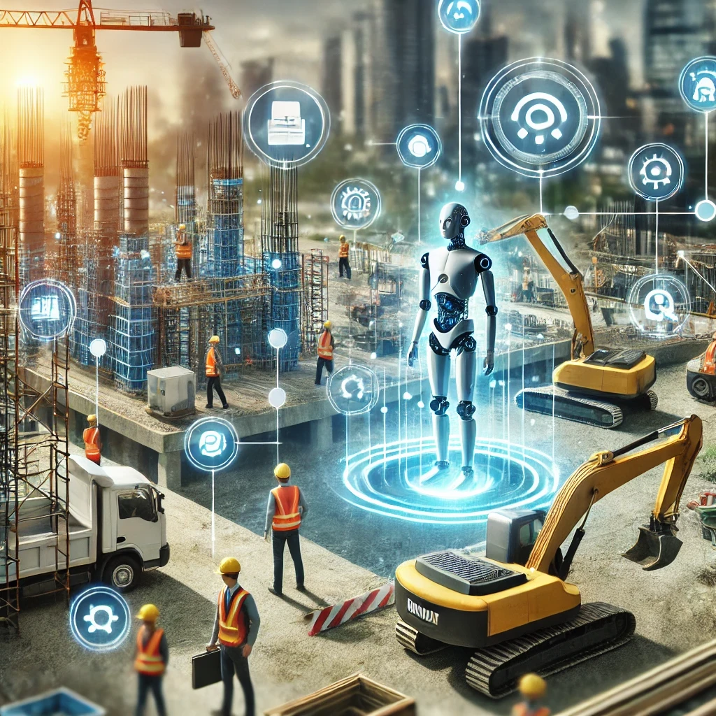 Chantier de construction optimisé par l'intelligence artificielle, avec des robots automatisés et des tableaux de bord numériques permettant aux travailleurs de surveiller les tâches pour améliorer la sécurité et réduire les coûts