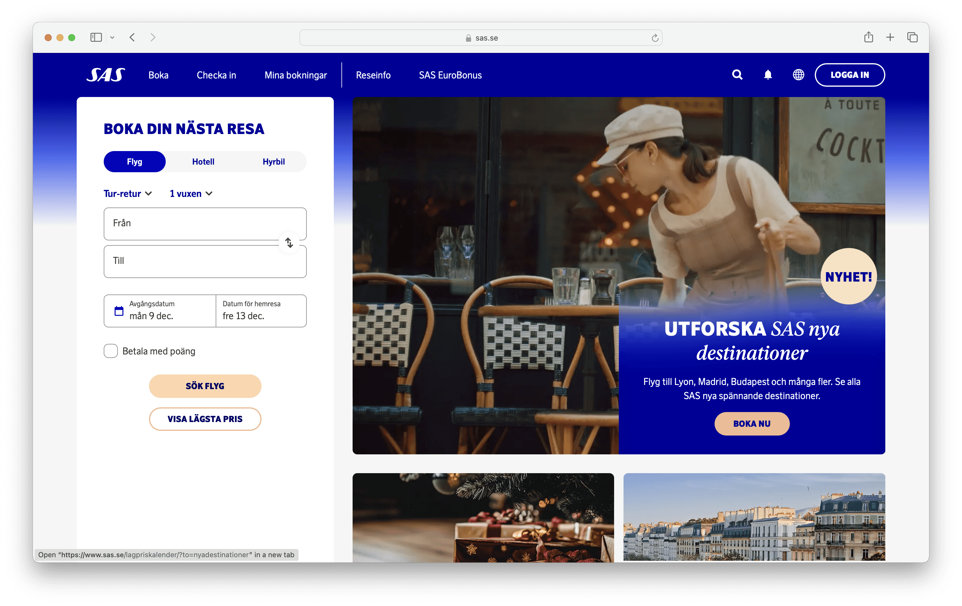 Scandinavian Airlines website SAS