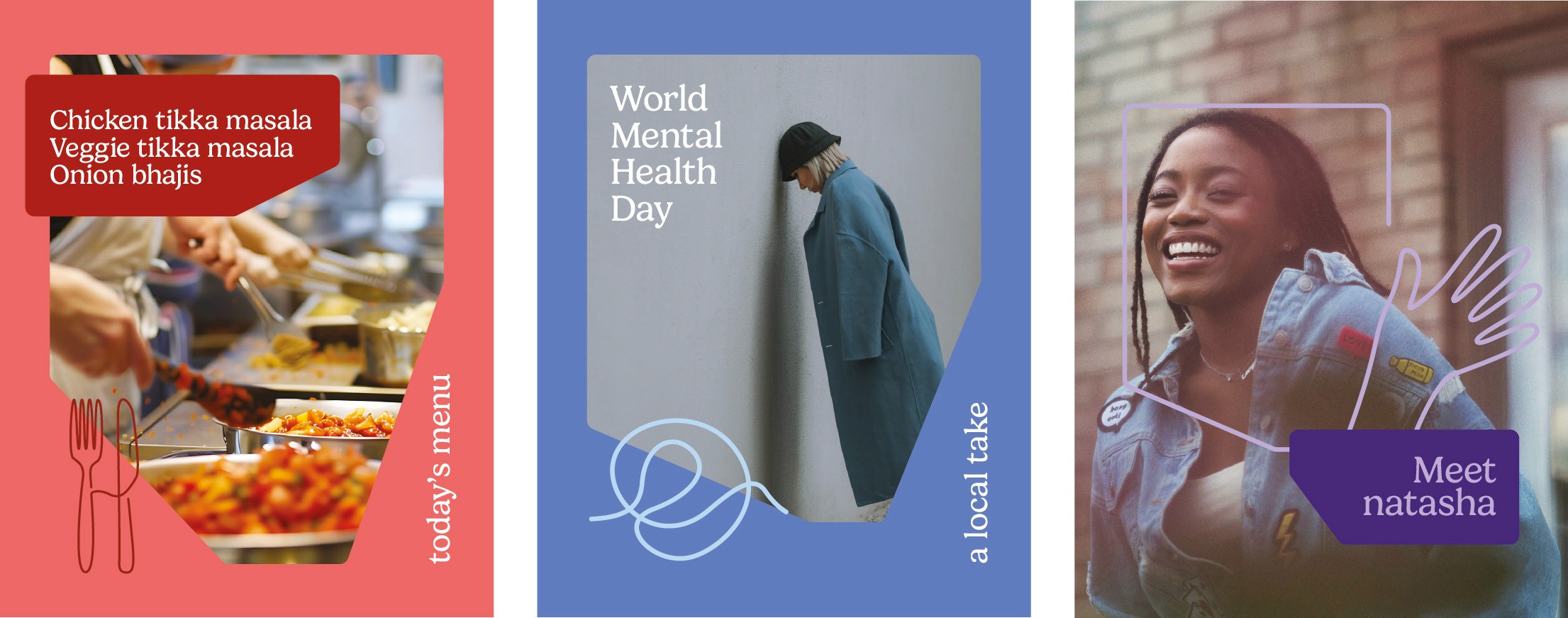 Three graphics: food menu, World Mental Health Day, and 'Meet Natasha'.