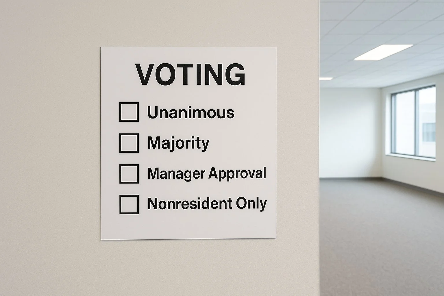 Voting chart with checkboxes labeled “Unanimous,” “Majority,” “Manager Approval,” and “Nonresident Only,” set in an empty office space.