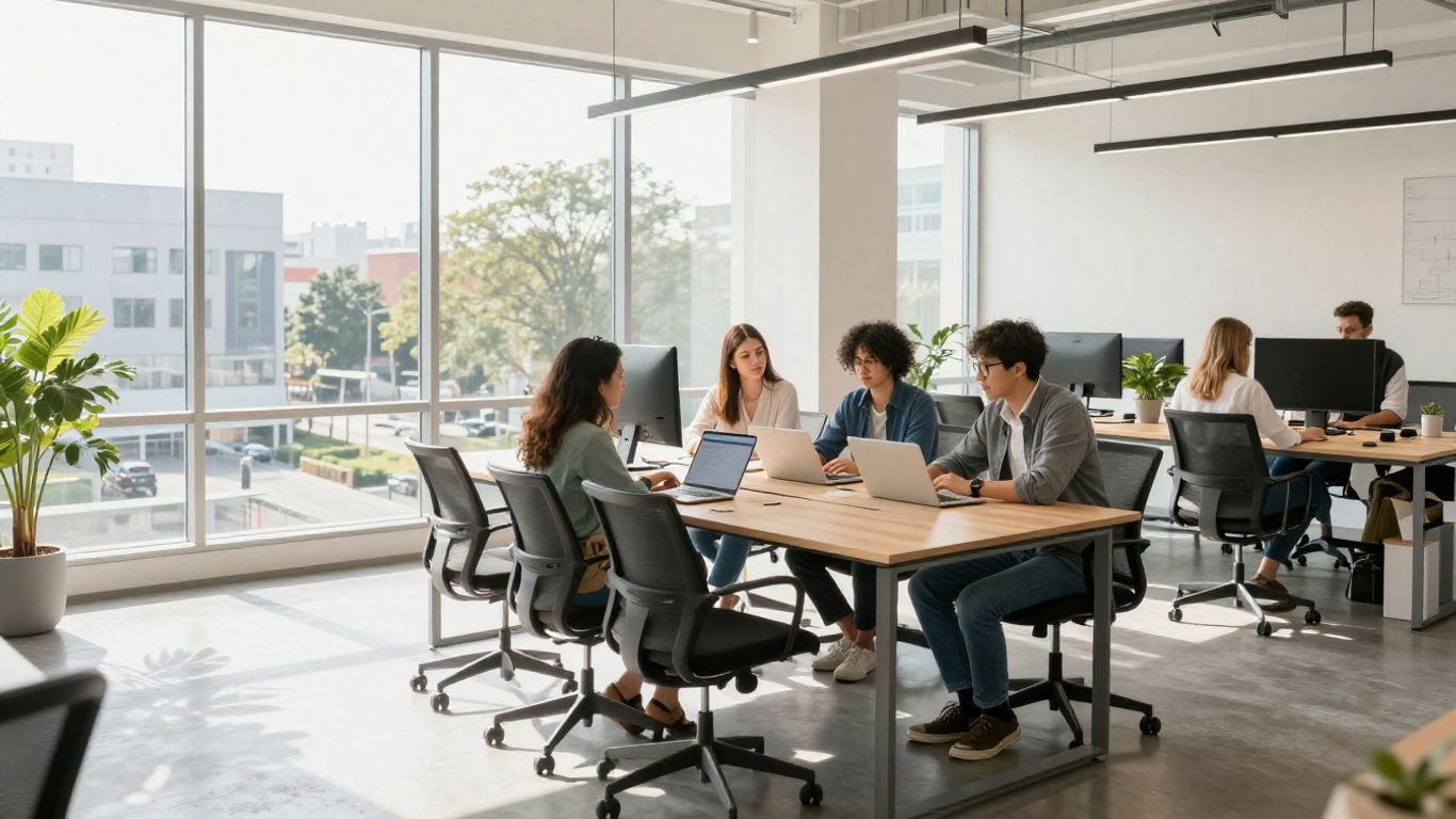 Accessible office interior with diverse people collaborating.