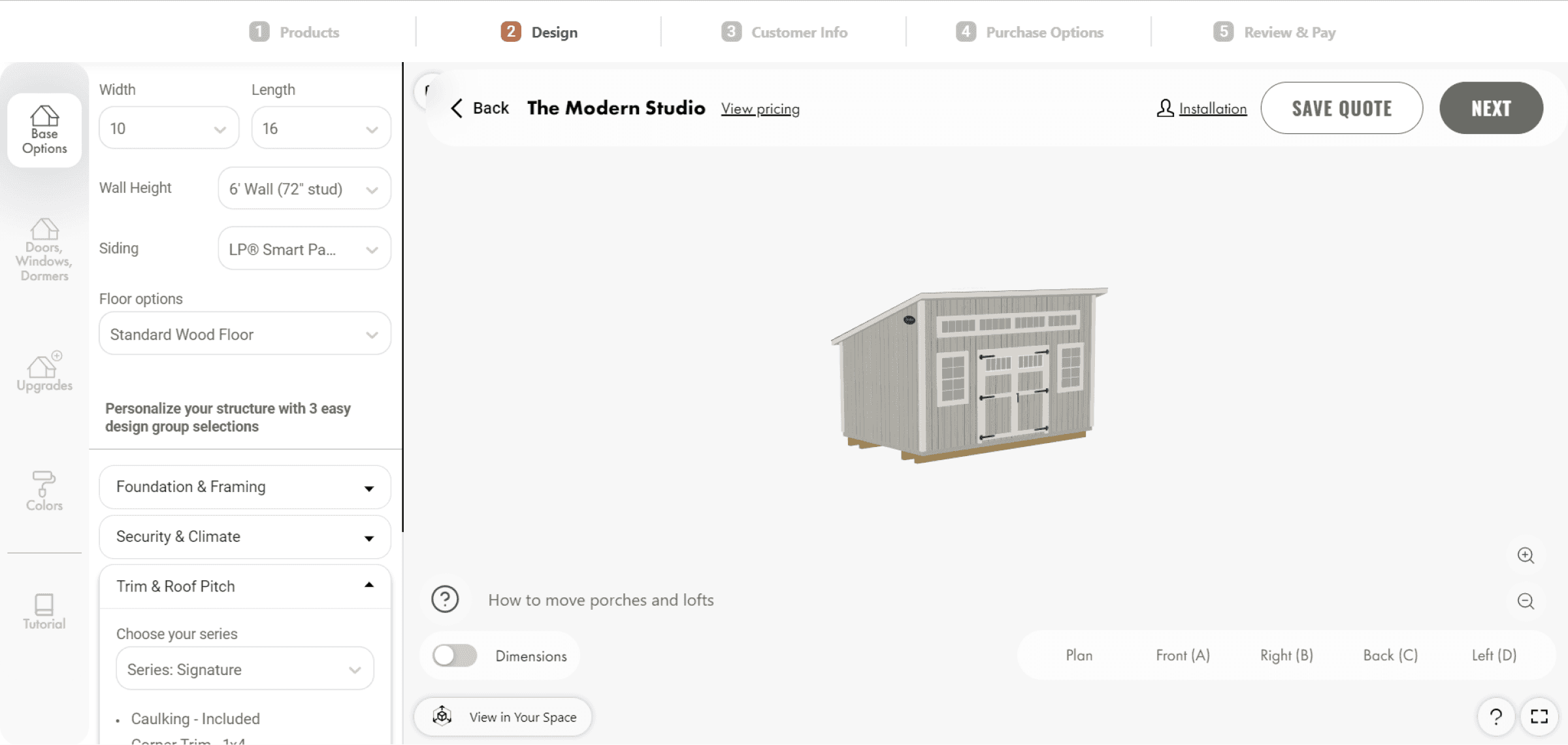 Threekit configurator with realistic product rendering and options for size, materials, and augmented reality.