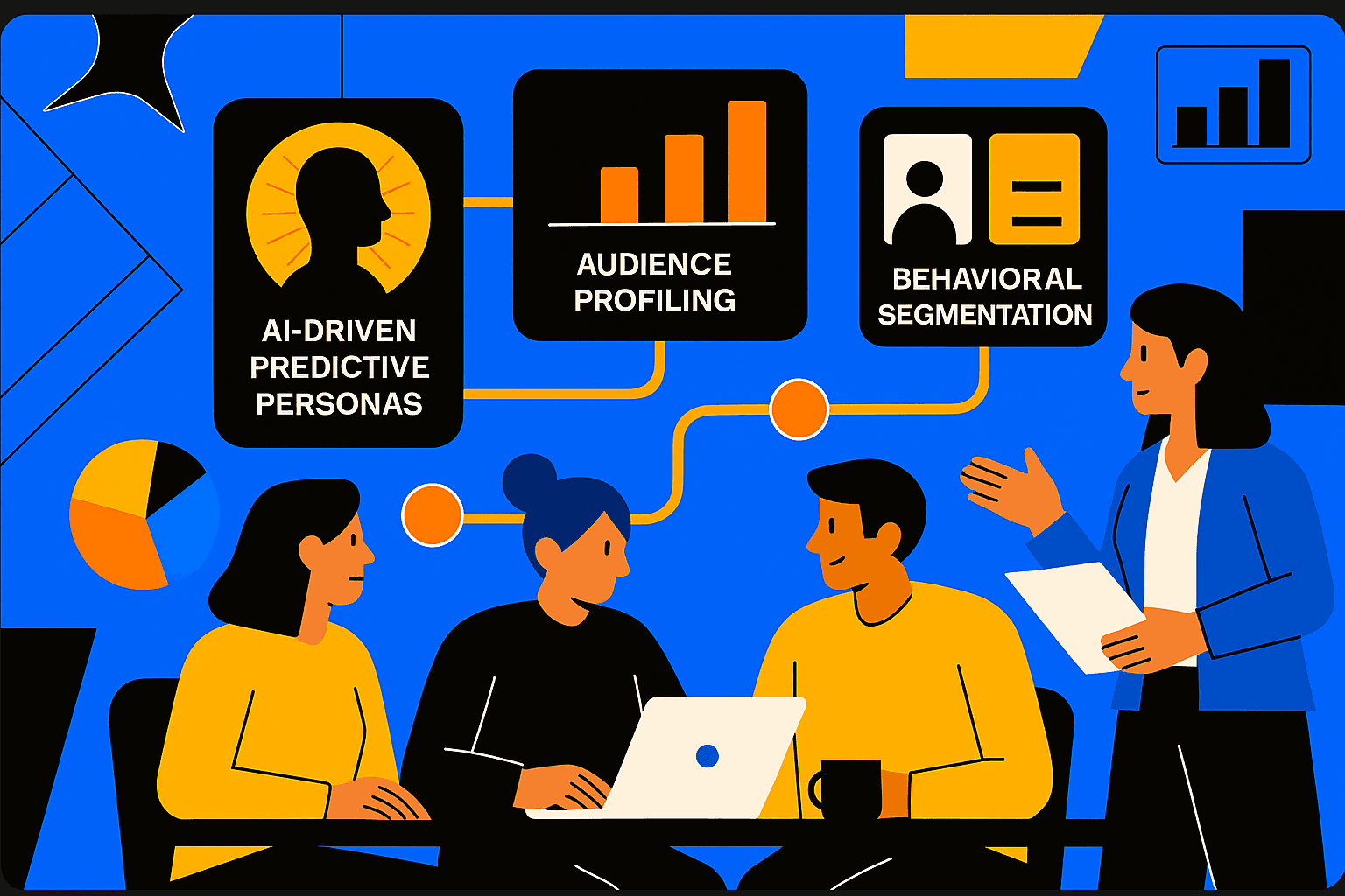 Team analyzing AI-powered predictive personas with audience profiling and behavioral segmentation dashboards