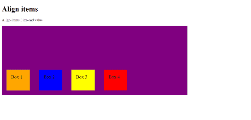 Four flex items being contained in a flex container with align-items flex-end value applied