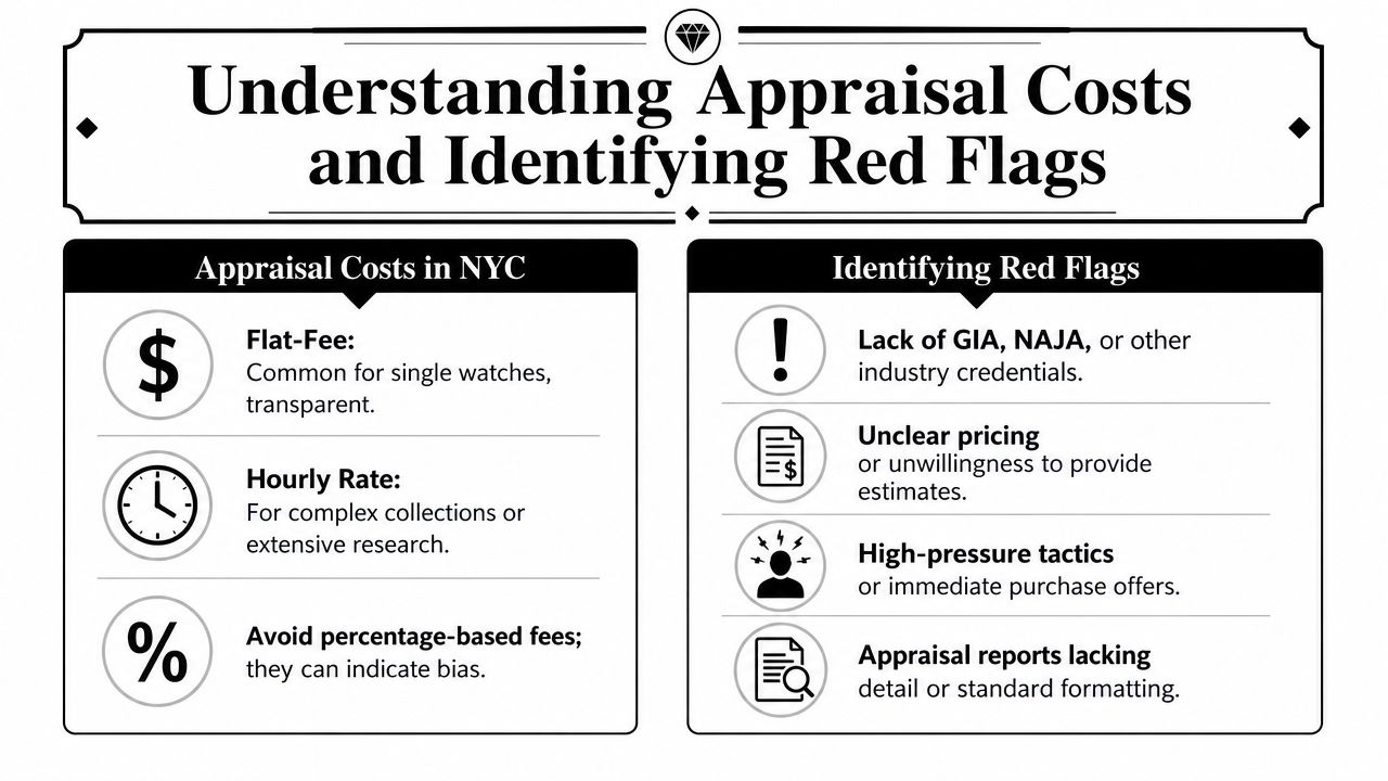 An infographic titled Understanding Appraisal Costs and Identifying Red Flags for watch appraisals in NYC.