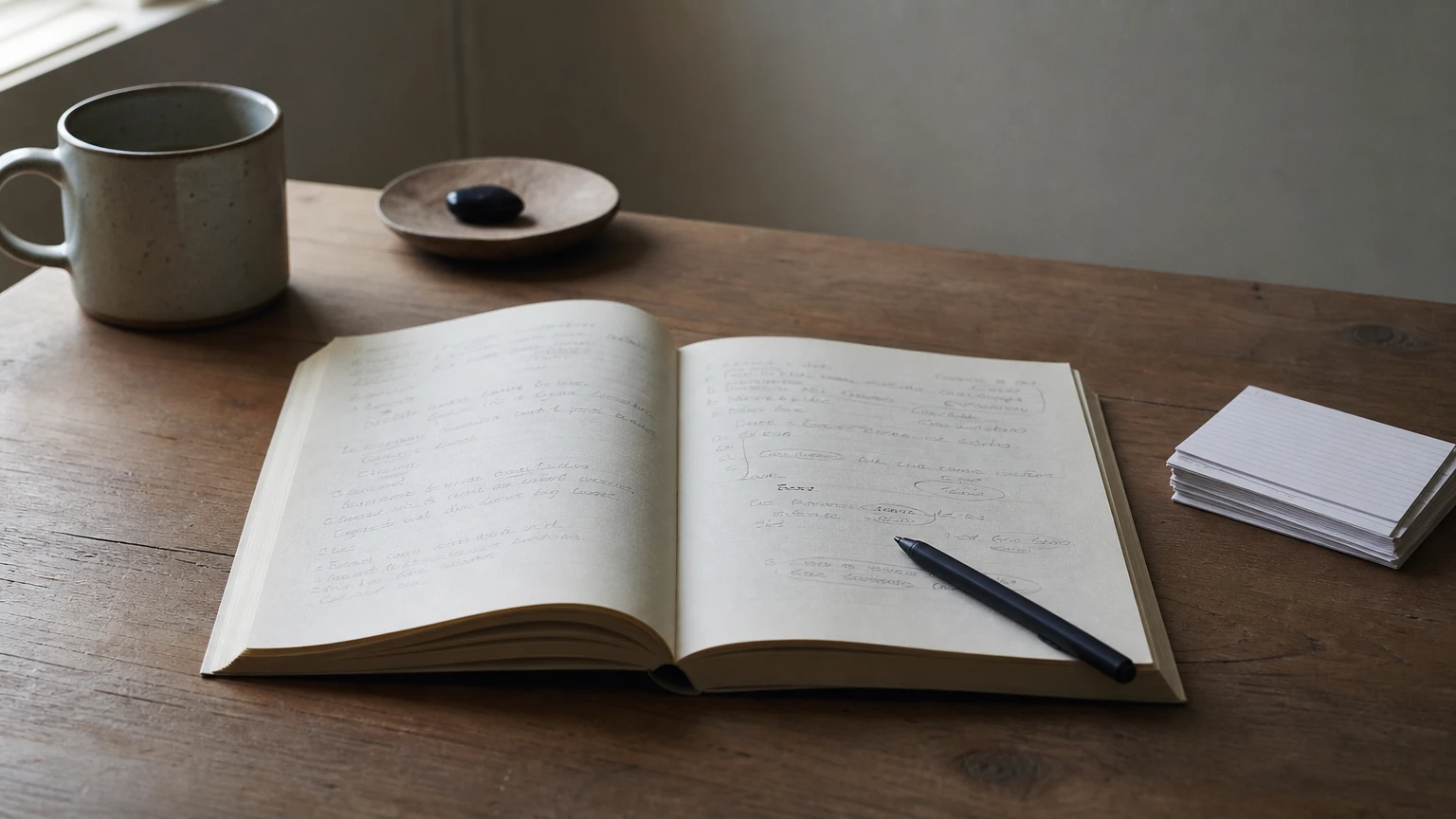 An open book displaying a worksheet page with handwritten notes and a pen resting on it.