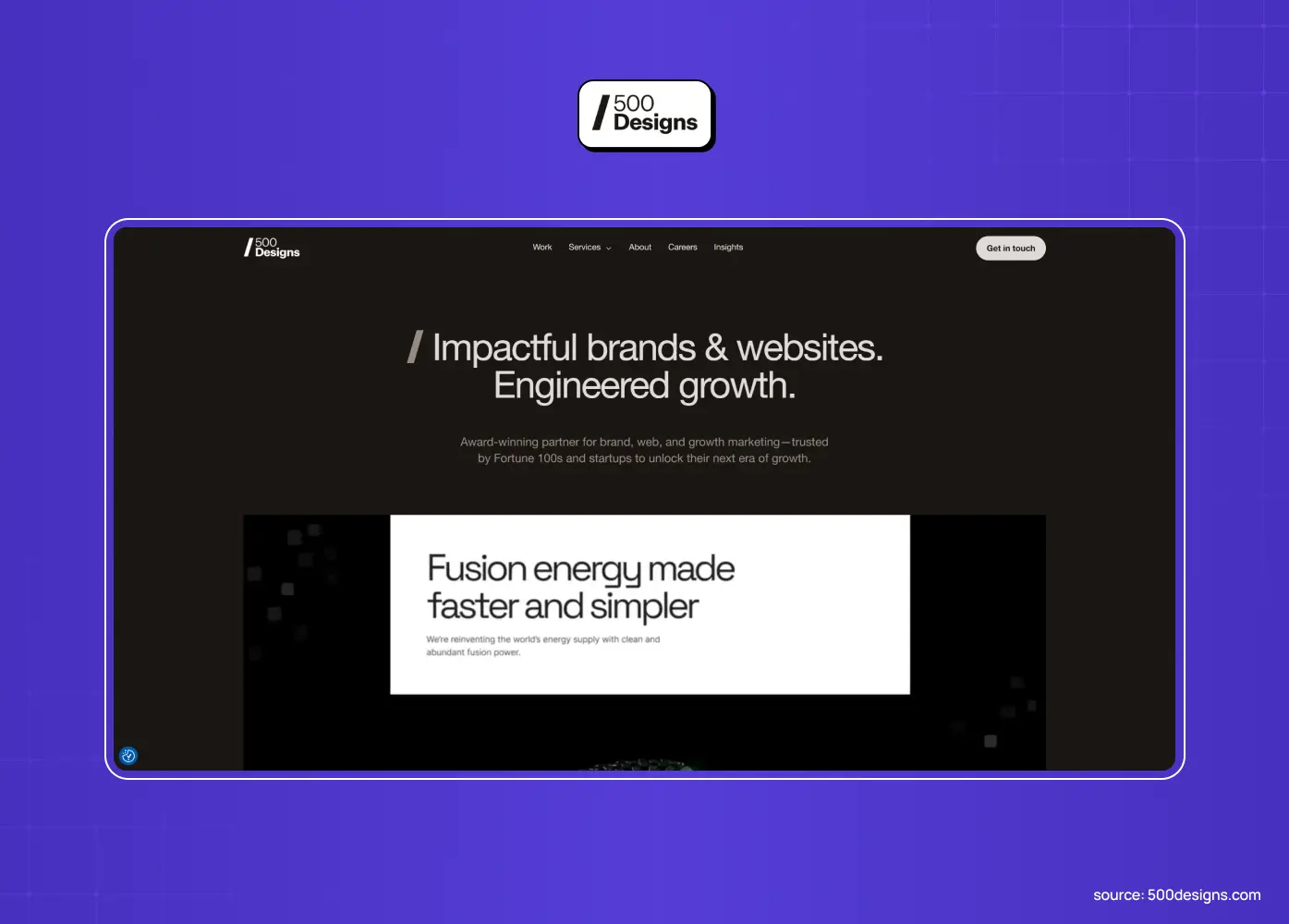 500 Designs homepage, an Irvine brand and web agency with a $25,000 minimum and 43 reviews