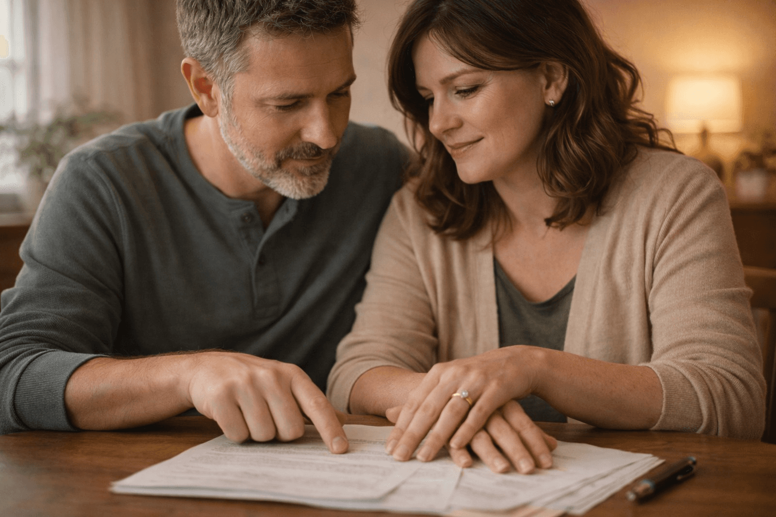 Engaged couple sitting together reviewing documents with rings visible