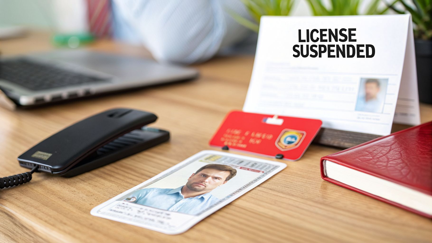 A desk with a 'LICENSE SUSPENDED' document, an ID card, a red notebook, and a phone, indicating legal issues.