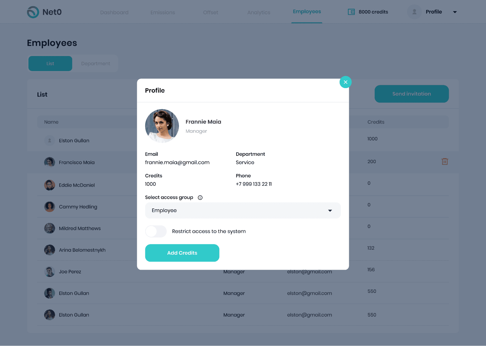 profile page of users - net0 carbon accounting software