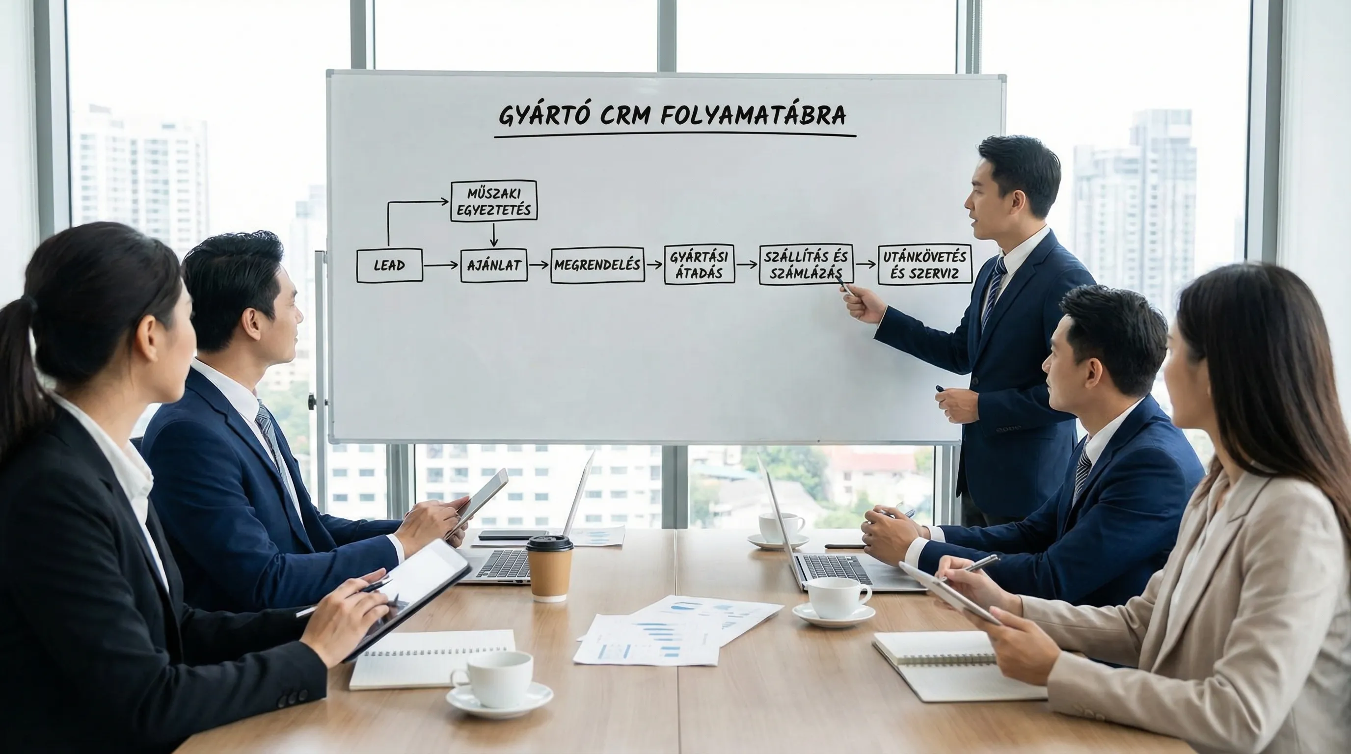 Egyszerű folyamatábra gyártó cég industrial CRM működéséről: lead, műszaki egyeztetés, ajánlat, megrendelés, gyártási átadás, szállítás és számlázás, utánkövetés és szerviz.