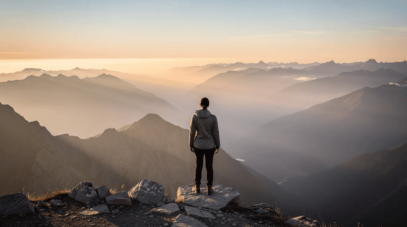 A person stands on a mountain overlook at sunrise, gazing at a long mountain range that symbolizes the long-term investment perspective and the compound effect in action. This scene reflects personal growth and the potential for extraordinary results through consistent habits and small, smart choices over time.
